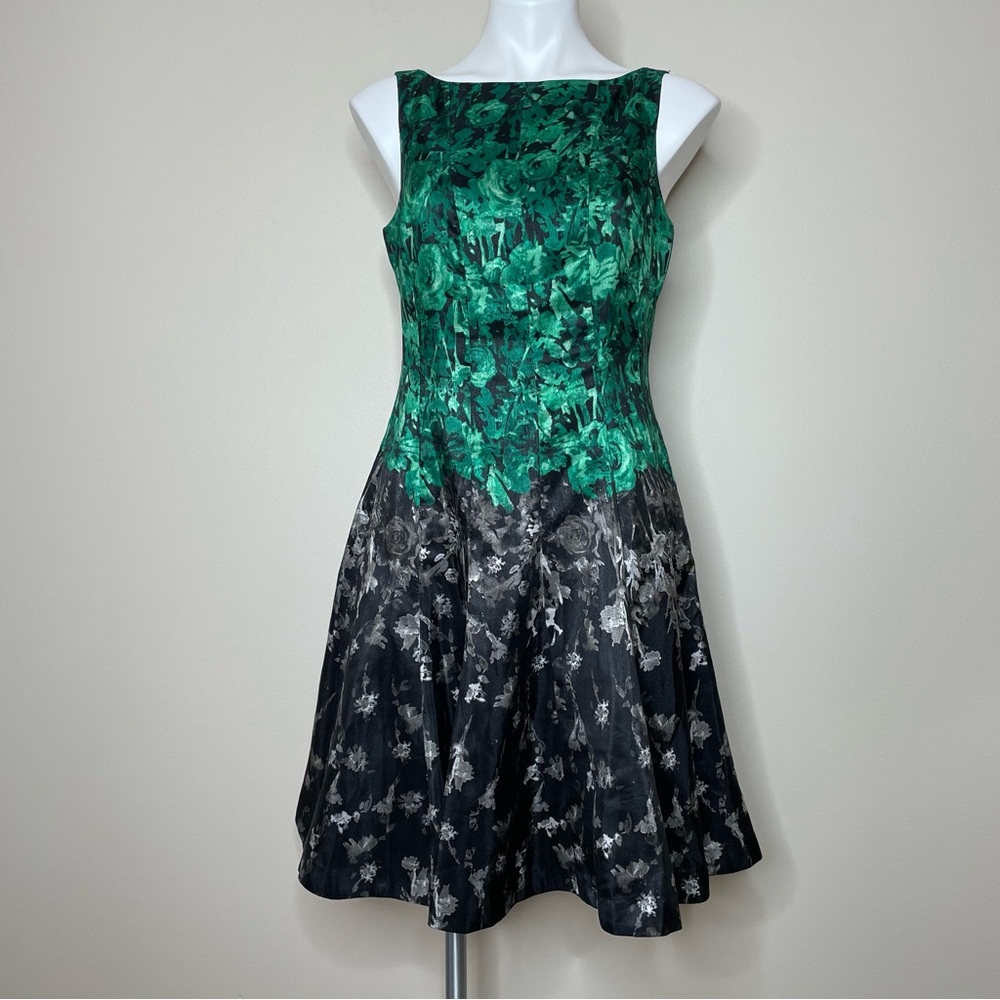 Julian Taylor Green to Black Ombré Floral Fit and Flare Midi Dress